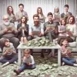 all family members sitting in living room having money around